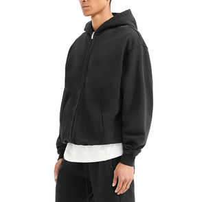 Sudaderas con capucha personalizadas de algodón/poliéster de 280 g con cremallera bidireccional, lavado ácido, bordado y teñido liso, ODM para primavera - Product Image 3