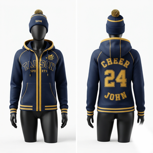 Chaqueta de Entrenamiento de Felpa de Algodón y Poliéster Premium de 320 GSM, Color Azul Marino con Ribete Dorado, Logotipo Personalizado - Product Image 1