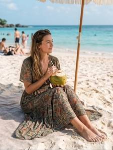<b>Boho</b> V-Neck Maxi <b>Dress</b> with Paisley Print Silk Elastic Waist Loose A-Line Short Sleeve Spring <b>Summer</b> Casual Nonwoven <b>Dress</b> - Product Image 1