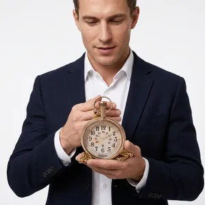 Antique Gold Plated Brass Pocket Watch With Anchor Design Wooden Box Circular Shape Art Collectible <b>Clock</b> - Product Image 1