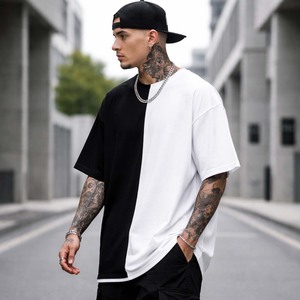 T-shirt décontracté d'été pour homme, coupe oversize, bicolore noir et blanc, en coton, style streetwear, avec empiècements fendus - Product Image 5