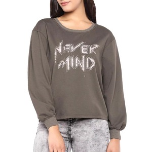 Sudadera Personalizada para Mujer, Color Gris Oliva Lavado, Estilo Desgastado con Estampado de Eslogan, Cuello Redondo, Hombros Caídos, Sudadera Corta para Mujer, OEM - Product Image 5