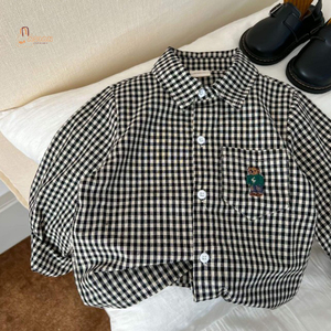 Chemises décontractées pour garçons, chemises à manches longues pour enfants, chemises polo mignonnes brodées d'un ours, 100% coton, écologiques, respirantes - Product Image 1