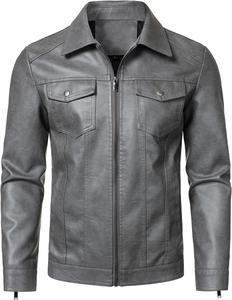 Blouson Trucker Homme Hiver Personnalisable Écologique Coupe-Vent en Cuir PU Gris Cendré avec Col Revers Pointu et Double Rabat Poitrine - Product Image 4