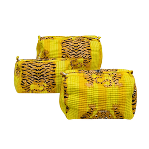 Sac cosmétique durable à rayures tigre imprimé bloc pochette en coton jaune - Product Image 5