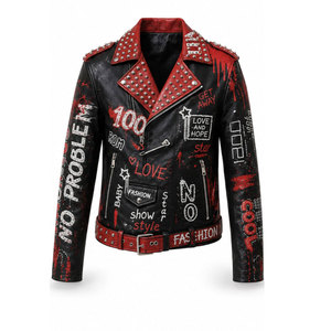 Men's Punk Style PU <b>Leather</b> Motorcycle <b>Jacket</b> Red Black Printed Rivet Zipper Turn-down Collar Slim Fit Autumn Wear - Product Image 2