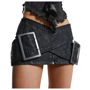 Jupe courte en similicuir à taille haute pour femme avec décoration rivets, style moto, coupe droite, à porter toute l'année - Product Image 1