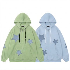 Sweat-shirt à capuche unisexe surdimensionné en coton tricoté avec appliqué étoile, décontracté, pour l'automne, vert et bleu - Product Image 1