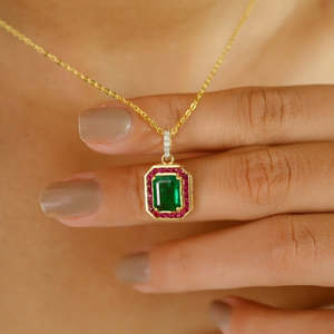 18K Gold Oval & Pear Cut <b>Emerald</b> Halo Ruby <b>Pendant</b> with Diamonds in PT950 - Product Image 1