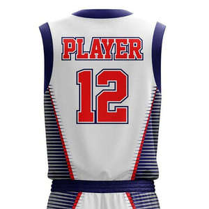 Ensemble de maillots de basket-ball professionnels personnalisés imprimés par transfert thermique, joueur n°12, blanc, rouge, bleu, sans manches, uniforme respirant - Product Image 5