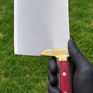 Couteau à découper la viande robuste, lame large argentée, manche en bois rouge, embout doré, couteau de boucher pour la cuisine, outil de découpe de viande - Product Image 5