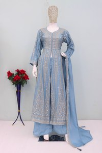 Traje Anarkali Azul con Bordado, Salwar Kameez, Estilo Patchwork, Vestido de Boda Pakistaní para Mujer - Product Image 2