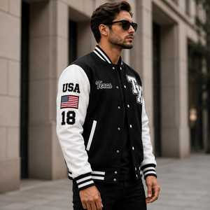 2026 เสื้อแจ็คเก็ตผู้ชายสีดำสีขาวแบบ Varsity Letterman ปักลายปักแบบกำหนดเอง แขนหนัง PU เสื้อแจ็คเก็ตเบสบอลทรงบอมเบอร์ สตรีทแวร์ - Product Image 5
