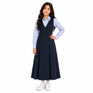 Robe d'écolière bleu marine à col en V sans manches plissée coupe trapèze avec chemise à manches longues pour enfants - Product Image 1