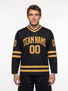 Camiseta de Hockey sobre Hielo Negra y Dorada para Hombre, Cuello en V, Manga Larga, Transpirable, de Malla, 100% Poliéster AR Tex, con Impresión del Nombre del Equipo - Product Image 1
