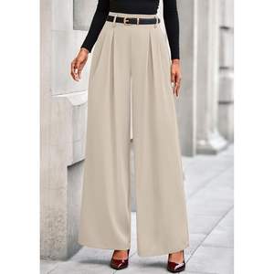 Pantalones de trabajo personalizados para mujer, otoño 2026, de cintura alta elástica, pierna ancha, plisados, largos, fluidos, estilo palazzo, con efecto arrugado - Product Image 6