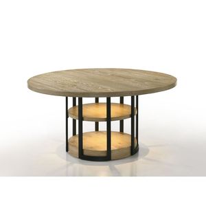 Eden 7Pc 59 \ "Set da pranzo rotondo in rovere rustico a LED struttura in metallo nero chiaro con mensole sedie in lino Beige per la vostra sala da pranzo - Product Image 2