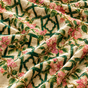 Tissu d'ameublement tissé léger et respirant imprimé motif treillis floral Bougainvillea rose et vert pour canapé et chaise - Product Image 5
