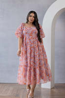Robe midi en coton à imprimé floral avec manches bouffantes, col rabattu, coupe ample, décontractée, robe d'été pour femmes, belle et élégante