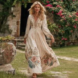 Bohemian Embroidered Maxi <b>Dress</b> for women Floral <b>Patterns</b> and Elegant Long Sleeves V-neckline Long-Length Ethnic Gown - Product Image 1