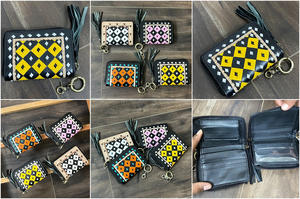 Wholesale Luxury Custom Hand Tooled Checkered Leather Credit Card Holder Wallet <b>Zip</b> <b>Coin</b> <b>Purse</b> Mini Women's <b>Coin</b> Pocket Keychain - Product Image 3