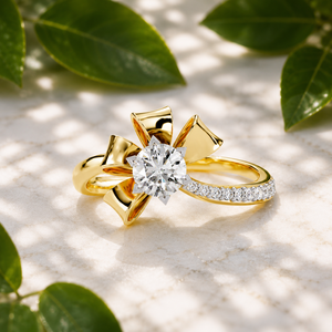 Bague de fiançailles solitaire florale en or massif 18 carats avec diamant de laboratoire taille ronde et nœud papillon, bijoux fins, cadeau d'anniversaire - Product Image 1