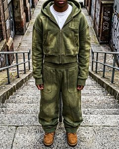 Ensemble de survêtement vintage délavé à l'acide pour homme, sweat à capuche et pantalon de jogging en coton épais surdimensionné, vêtements décontractés streetwear - Product Image 1