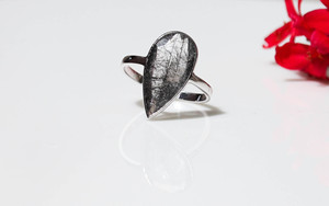 Natural Black Rutile <b>Quartz</b> Teardrop Pear-Cut Statement 925 Silver <b>Ring</b> Minimalist Statement Jewelry For Daily Wear - Product Image 4
