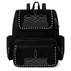 Western Genuine Suede <b>Leather</b> <b>Backpack</b> with Embroidered Stitch Detail Multi Pocket Travel <b>Laptop</b> School Fashion <b>Backpack</b> Women - Product Image 1
