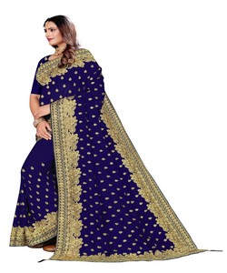 Sari de seda azul real con bordado dorado para bodas indias, ropa de fiesta para mujer, sari étnico tradicional, listo para enviar - Product Image 2