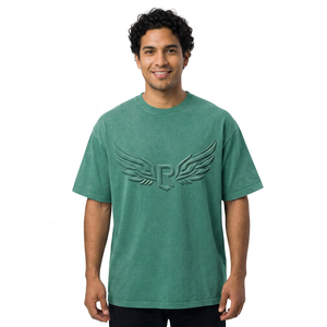 Camiseta Verde Oversize de Manga Corta con Logotipo R Alado en Relieve, Top Casual de Punto con Cuello Redondo para Hombre - Product Image 2