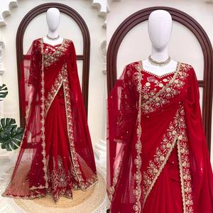 Elegant <b>Red</b> Embroidered Silk <b>Saree</b> With Dupatta Traditional Indian Wedding Wear Floor-Length Women's Dress - Product Image 3