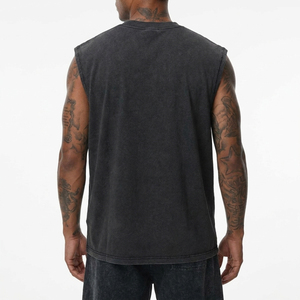 Premium Breathable Knitted Acid Wash Oversized Tank <b>Top</b> with Embroidery | Vintage Charcoal Black Casual Streetwear Gym Tee - Product Image 2