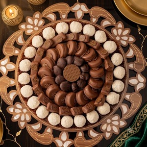 Plateau de service rond en bois moderne avec incrustations dorées arabes, durable, pour présentation de chocolats, décoratif, cadeaux du Ramadan et de l'Aïd, vente en gros - Product Image 1