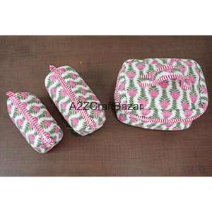 Ensemble de trousses de toilette pour femmes en coton durable, écologiques, à rayures, imprimées à la main, avec fermeture éclair - Product Image 1