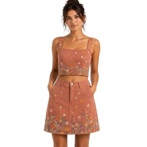 Conjunto de Top Corto y Falda Bordados para Mujer, Color Rosa Polvoriento, Diseño Floral, Verano, Dos Piezas, Logotipo Personalizado, OEM, Ropa al Por Mayor - Product Image 1