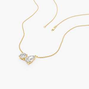 Collier pendentif Toi et Moi en diamant de laboratoire, taille poire, deux pierres, or jaune 14 carats, certifié IGI, chaîne fine, style minimaliste - Product Image 2