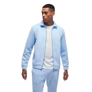 Ensemble de survêtement pour homme, veste à col zippé bleu clair uni et pantalon de jogging assorti, vêtements en gros OEM ODM - Product Image 2