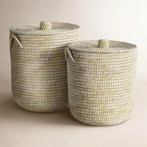 Juego de 2 cestas de hierba tejida resistentes con tapas, cestas de almacenamiento hechas a mano, venta al por mayor, ecológicas, hechas en Vietnam - Product Image 1