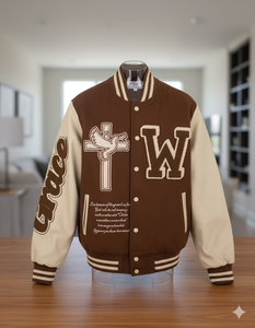 เสื้อแจ็คเก็ตวาร์ซิตี้ผู้ชาย ผ้าขนสัตว์ 100% สไตล์พังก์ สีน้ำตาลเบจ กันน้ำ ปักลายตามสั่ง ลายกากบาท นกพิราบ สตรีทแวร์ - Product Image 5