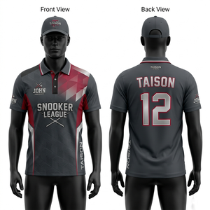 Men's Snooker Jersey Premium <b>Polyester</b> Interlock Breathable Fabric Grey Red Geometric Panel Sublimation Custom Logo Polo <b>Shirt</b> - Product Image 1