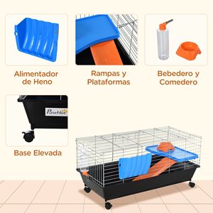 Gabbia per conigli solida da 35 litri con ruote, ciotola per cibo, borraccia, mangiatoia per fieno, rampa per porcellini d'India e animali domestici da esterno, colore nero - Product Image 6