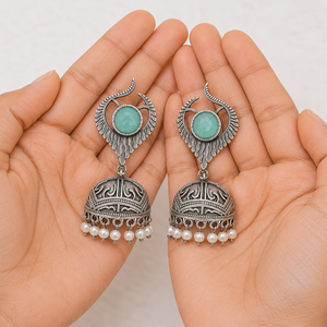Antique Silver-Plated Bohemian Drop Earrings Bollywood Jhumka Monalisa Stone Women's <b>Wedding</b> Bulk Wholesale - Product Image 3