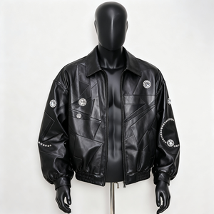 Men's Color Blocking Pattern Genuine Leather Varsity <b>Jacket</b> Stand Collar Zipper Closure Casual Winter Wear 220g - Product Image 6