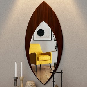 New Design Leaf shape wooden brown color wall mirror customized size color available for living room dining space - Product Image 3