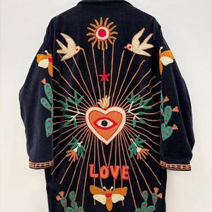 เสื้อคลุมกิโมโนกำมะหยี่ปักลายสีดำ งานแฮนด์เมด แจ็คเก็ตตัวยาวสไตล์โบโฮ เสื้อคลุมสำหรับออกงาน ใส่ในเทศกาล ฤดูร้อน ผ้าฝ้าย 100% - Product Image 3