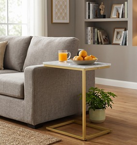 Modern Marble Side <b>Table</b> Gold C Shaped End <b>Table</b> Laptop Desk Metal Frame Coffee Tray Snack <b>Tables</b> For <b>Sofa</b> Couch Living Room - Product Image 3