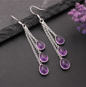 Natural Amethyst Pear Drop Chain <b>Earrings</b> 925 <b>Sterling</b> <b>Silver</b>, Purple Gemstone Multi Chain <b>Dangle</b> <b>Earrings</b> Handmade Jewelry for - Product Image 1