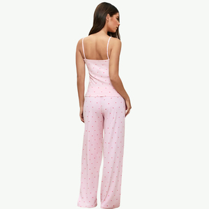 Ensemble de pyjama en tricot floral rose pour femmes, sans manches, 100% soie, respirant, vêtements de nuit décontractés, longueur intégrale, taille élastique, printemps - Product Image 1