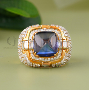 Art Deco Blue Sapphire <b>Ring</b> 18K Yellow Gold Lab Grown Diamond Side Stones VVS VS DEF Clarity Large CZ <b>Statement</b> <b>Ring</b> for Women - Product Image 1